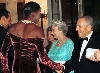 Il Presidente Ciampi, con a fianco S.M. la Regina Elisabetta II e la moglie Franca Pilla, saluta l'atleta Fiona May in occasione del ricevimento offerto dai Reali a Villa Wolkonsky.