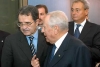 Il Presidente Ciampi con Romano Prodi, Presidente della Commissione Europea e Roberto Antonione, Sottosegretario agli Affari Esteri, al termine dell'incontro a Palazzo Breydel