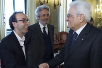 Il Presidente Sergio Mattarella con Roberto Benigni e il Maestro Nicola Piovani