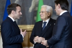 Il Presidente della Repubblica Sergio Mattarella  con il Presidente della Repubblica francese Emmanuel Macron e il Presidente del Consiglio dei Ministri Giuseppe Conte in occasione del vertice italo francese
