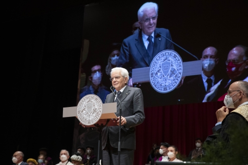 Il Presidente Sergio Mattarella alla cerimonia di inaugurazione dell’Anno Accademico 2020/2021 dell’Università degli Studi di Macerata. 

